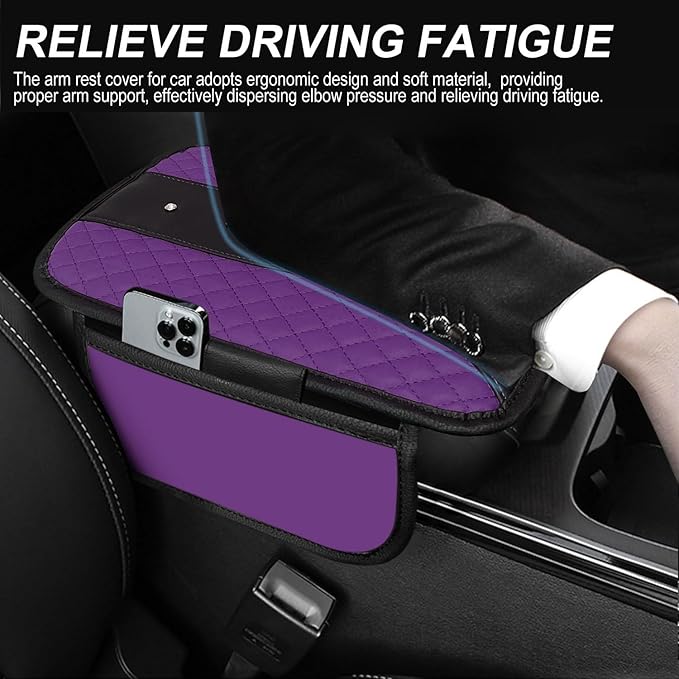NBTEPEM Bling Crown Car Center Console Armrest Cover, Leather Middle Console Cover Cushion with 2 Storage Bags, Car Armrest Storage Box Interior Accessories for Most Vehicles(Purple)