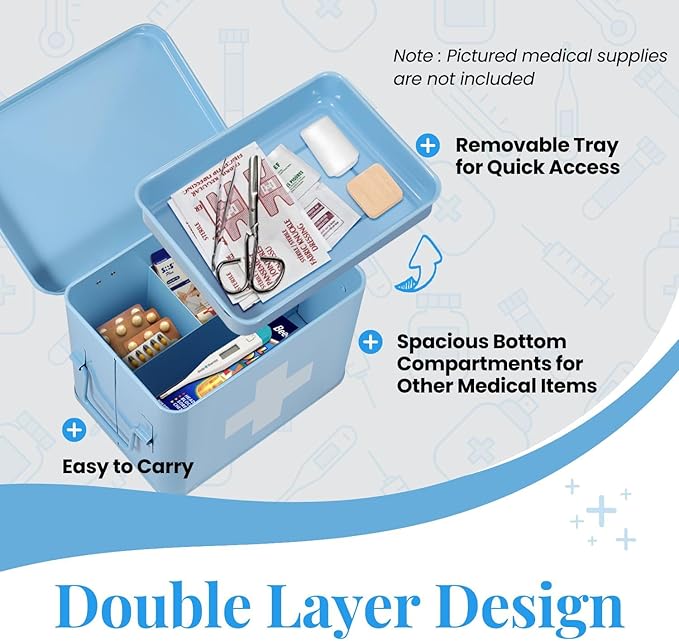 Flexzion First Aid Organizer, 8.5 Inch Blue Vintage Metal Kit Tin With Dividers, Removable Tray and Cross Logo - Empty Medical Storage Container