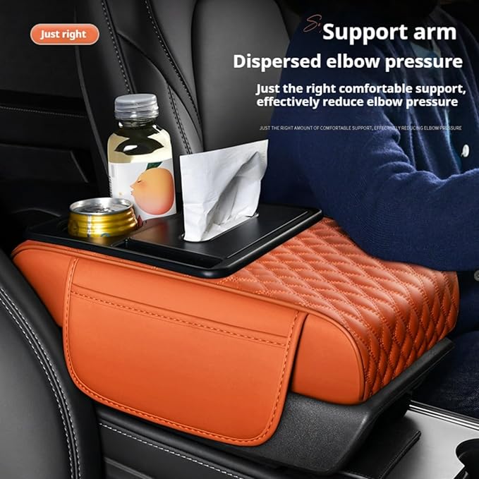 5-In-1 Center Console Cover Organizer, Arm Rest Cover for Car with Cup Holder & Storage Pocket & Tissue Box, Armrest Cover Cushion Pad, Water Ripples, Black - Red
