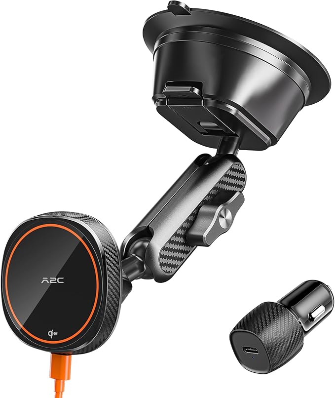 A2C Qi2 15W Wireless Charger for MagSafe Car Mount Charger Magnetic Suction Cup Phone Holder Windshield/Dashboard for iPhone 17/16/15/14/13/12, Aluminum Alloy Arm, for Jeep Wrangler, F150