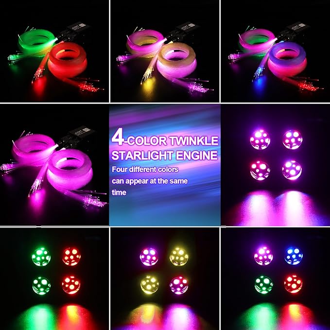 36W 4-Color RGBW Car Starlight Headliner Kit, 500pcs0.03in9.8ft, Twinkle & Sound Activate 4-Port Fiber Optic Light Engine with Bluetooth APP&Remote Control, Star Lights for Car and Home