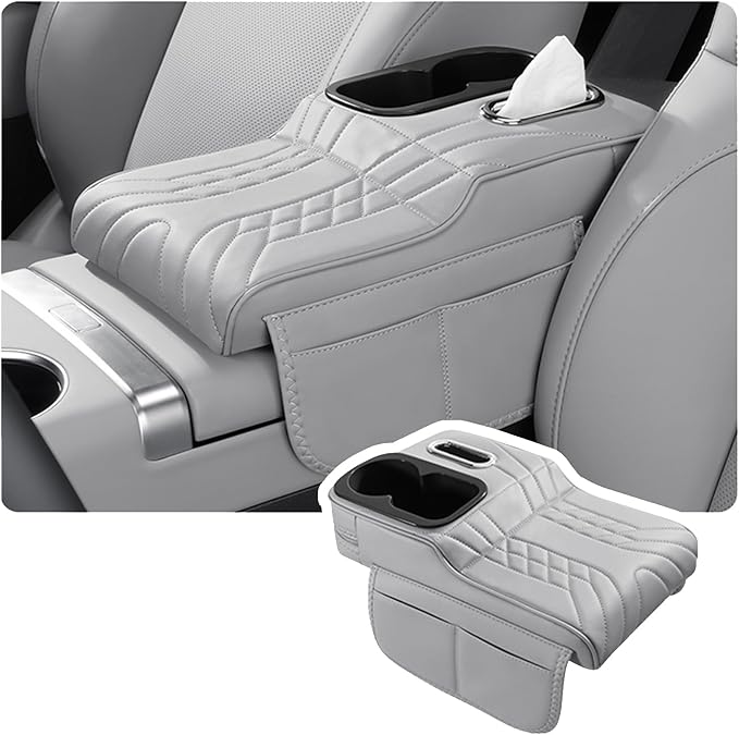 Car Armrest Storage Box for Cadillac SRX 2004–2016 2013 2014 2015, Sport-Style Center Console Organizer with Side Pocket, PU Leather Armrest Cushion, Elbow Support Pad,C Grey