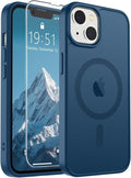 SUPFINE Magnetic for iPhone 14 Case & iPhone 13 Case with Screen Protector (Compatible with MagSafe) (Military Grade Drop Protection) Translucent Matte Shockproof Phone Cover,Deep Blue