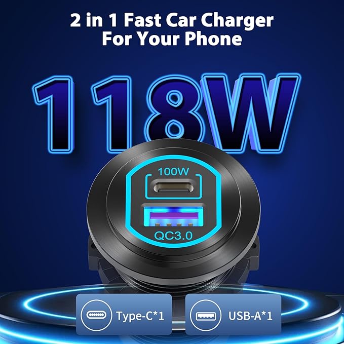 2 Pack 12V USB C Outlet PD 100W Car USB Port for Laptop and QC3.0 18W Car Charger Socket Aluminum Alloy, Fast Charging Cigarette Lighter Replacement DIY Accessary for RV MarineTruck Boat Golf