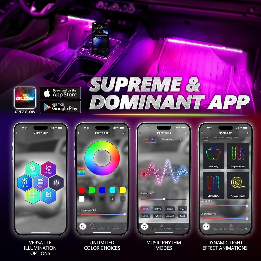 OPT7 Aura Pro Interior Car Lights with App & Remote Control, RGB Color Change, Music Sync Inside Ambient Lighting Kit, Car SUV Van Under Dash Decor, 12V Charger Adapter, 4PC Single Row LED Strip