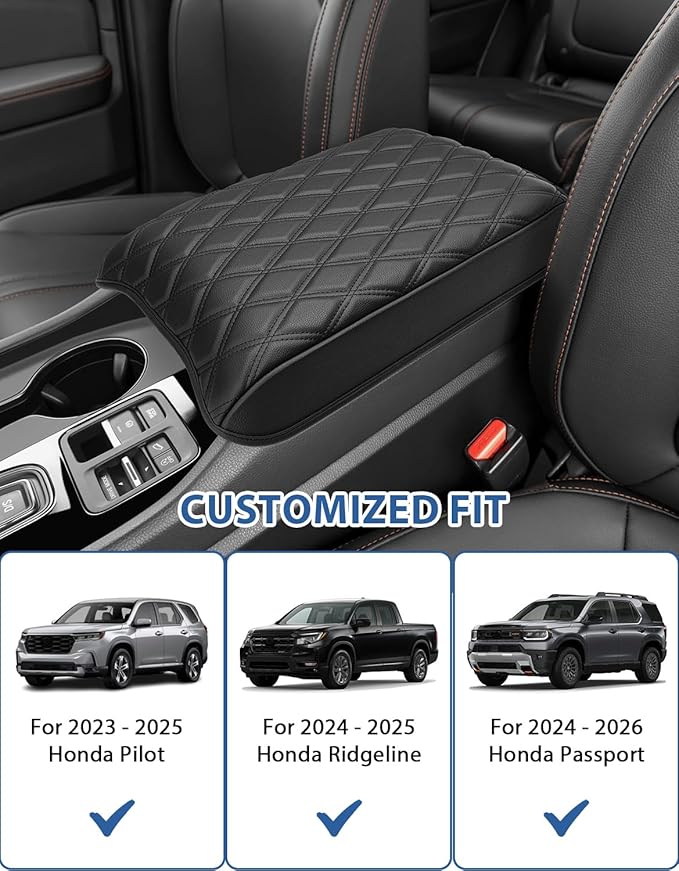 Center Console Cover for Honda Pilot 2023 2024 2025, Ridgeline 2024 2025, Passport 2024 2025 2026, Auto Armrest Lid Cushion Protector with Storage Pocket, Vinyl Leather, Black