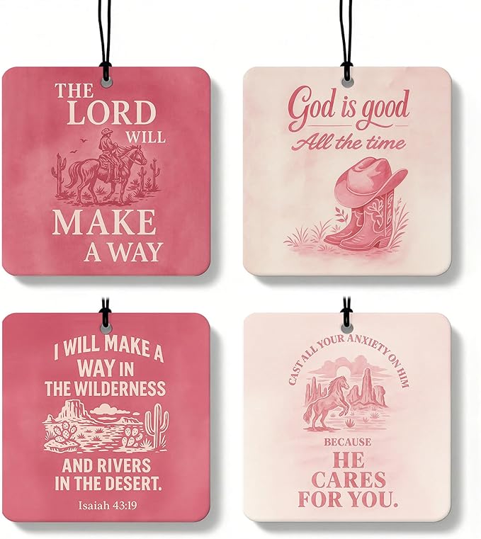 Pink Western Christian Square Citrus Car Air Freshener 4 Pcs, Southwestern Desert Cowgirl Religious Hanging Air Freshener for Cars Bathroom Dorm Books Decor, Western Accessories Gifts for Women