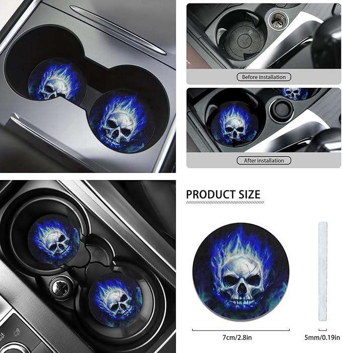 FKELYI Cool Skull Car Seat Covers Set Blue Fire Car Interior Seat Protector,Absorbent Cup Holder Pads,Steering Wheel Cover,Gear Shift Cover,Handbrake Cover,Headrest Covers