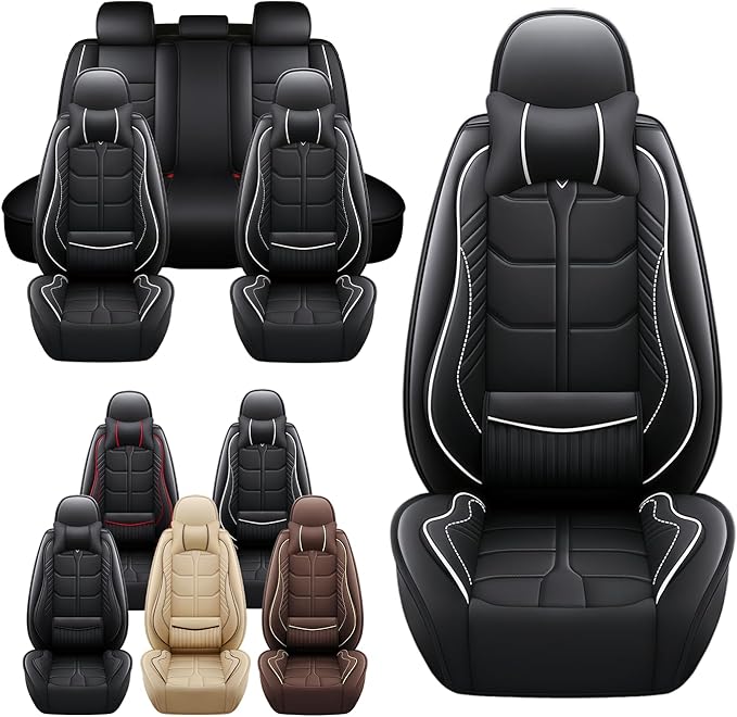 Leather Car Seat Covers Fit for Toyota Echo 2000-2005, 5 Seater Car Seat Cover, Premium Waterproof, Scratch Resistant Car Interior Accessories (Full Set with Pillow Black White)