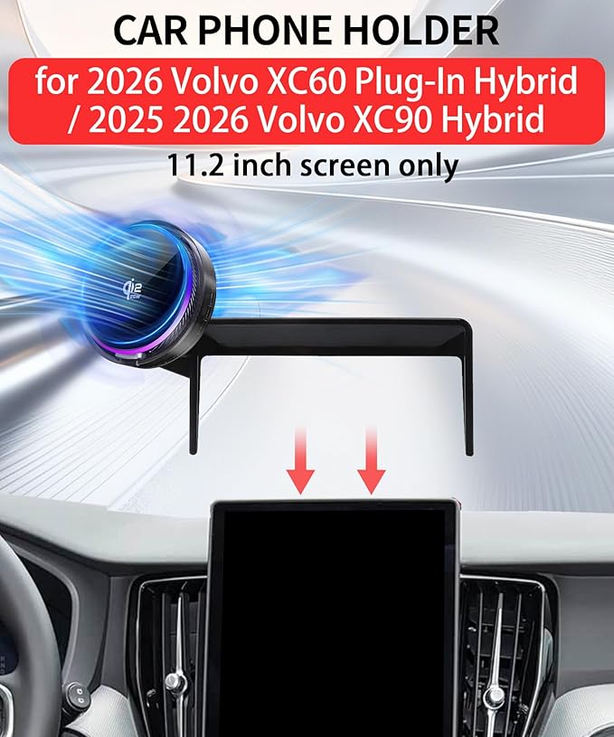 Qi2.2 25W Magnetic Car Mount Charger for 2026 Volvo XC60 Plug-in Hybrid / 2025 2026 Volvo XC90 Hybrid Accessories, for Cell Phone Holder 11.2 Inch Screen Fixed Clip with Cooling Fan