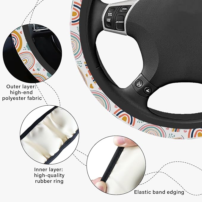 Boho Rainbow Steering Wheel Cover, Cute Print Steering Wheel Cover Protector, Ultra Thin Breathable Non-Slip, Car Accessories for Women, for Steering Wheel with a Diameter of 14.5"-15"