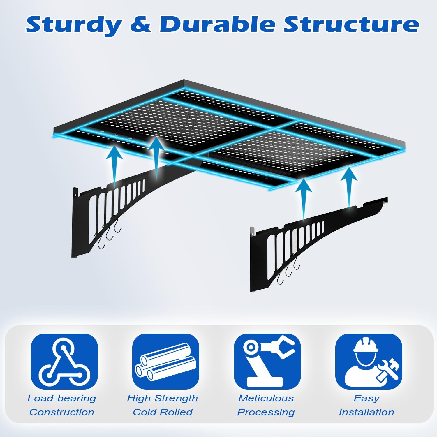 YOLENY 2-Pack 2x3FT Adjustable Heavy Duty Garage Wall Shelving, 500lbs Load Capacity Wall Mount Storage Shelf, Garage Storage Rack with Hooks, Metal Floating Shelves Organizer for Workshop
