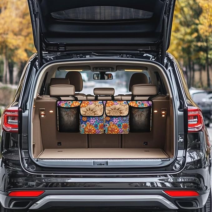 Foldable Auto Hanging Seat Back Storage Bohemian Mandala Floral Blossom Car Organization Women Trunk Hanging Storage Bag