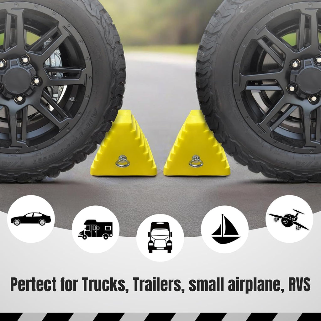Premium 4 pcs Heavy Duty Wheel Tire Chocks, Vehicle Chocks with Eyebolt for Travel Trailers, Camper, Truck, Car and ATV 4 Pack, Yellow