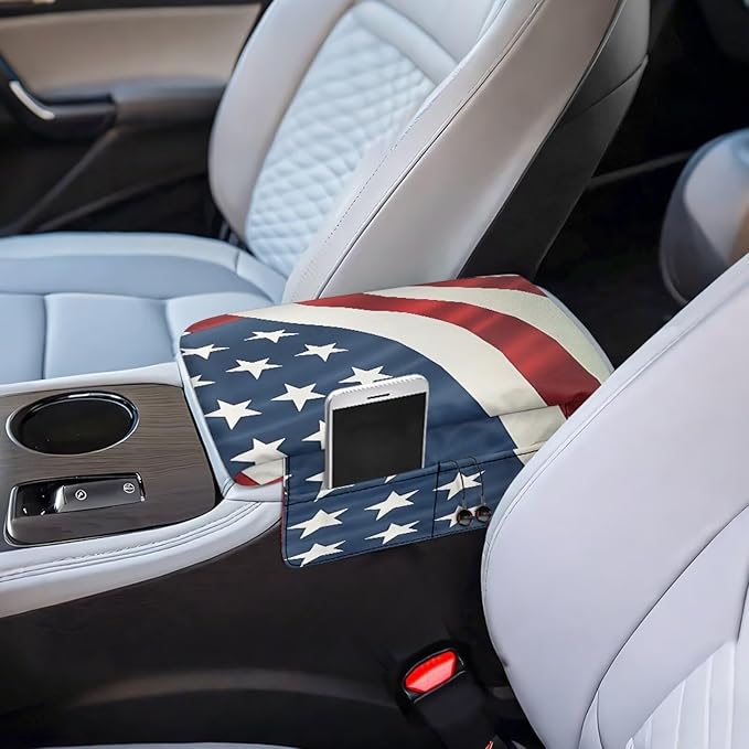 Auto Center Console Cover Universal Car Armrest Pad with Pockets, American Flag Print Universal Automotive Interior Accessories for Most Vehicle SUV
