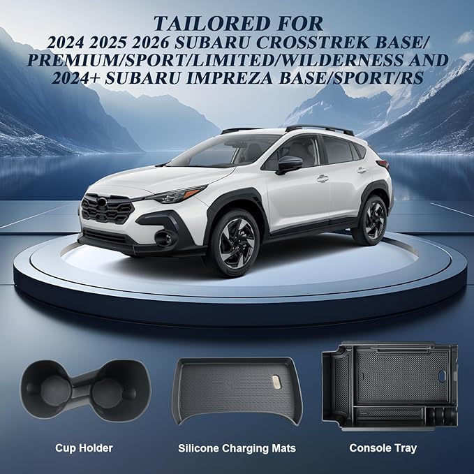 BIBIBO 3Packs 2024 2025 2026 Crosstrek Center Console Organizer for 2023-2026 Subaru Crosstrek&2024+Subaru Impreza Console Trays+ Insert Cup Holder& Wireless Charging Mats Crosstrek 2024 2025 2026