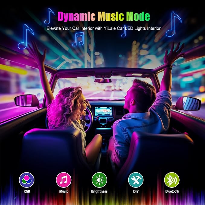 Yilaie Car LED Lights Interior, RGB Under Dash Lighting Multicolor with App Control, Music Sync and DIY Mode, Car Decorations Interior for Ambient Lighting with Charger Dc 12V