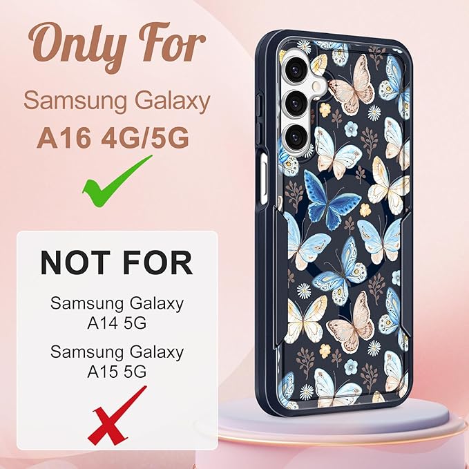 for Samsung Galaxy A16 5G Phone Case - Compatible with MagSafe Women Girls Cute Magnetic Protective Cover Girly Kawaii Blue Butterfly Heavy Duty Shockproof Design for Samsung A16 5G Case