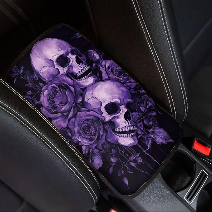 Dreaweet Purple Rose and Skull Print Center Console Cover Goth Car Accessories Middle Console Covers for SUV Sedan Non Slip Anti Scratch Arm Rest for Car Armrest Storage Box Mat