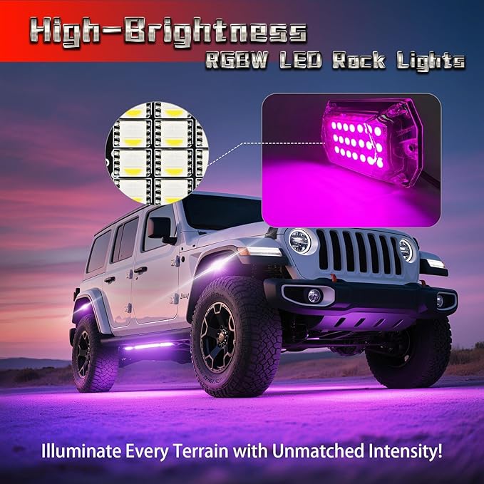20 Pods Full Angle RGBW LED Rock Lights for Truck Jeeps RV Pickup Offroad UTV SUV Van, Upgraded RGB Waterproof Multicolor Neon Underglow Kit with APP/RF Remote Vehicle Underbody Light Underneath 12V
