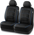 Road Comforts Car Seat Covers, Leather Front Seat Covers with Piping, Air-Cool Mesh Designed, Airbag Compatible Automotive Seat Covers for Most Car, Truck, Van, SUV - Black with Blue Piping