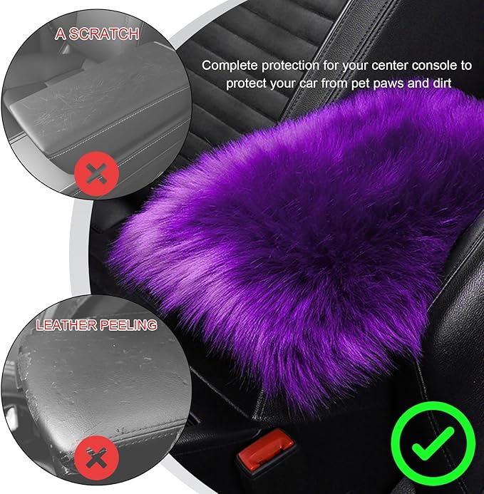 Center Console Cover, 11.81"×7.87" Automotive Fluffy Plush Center Armrest Protector, Universal Furry Comfortable Center Console Pad for Cars Trucks SUVs, Car Accessories (Purple)
