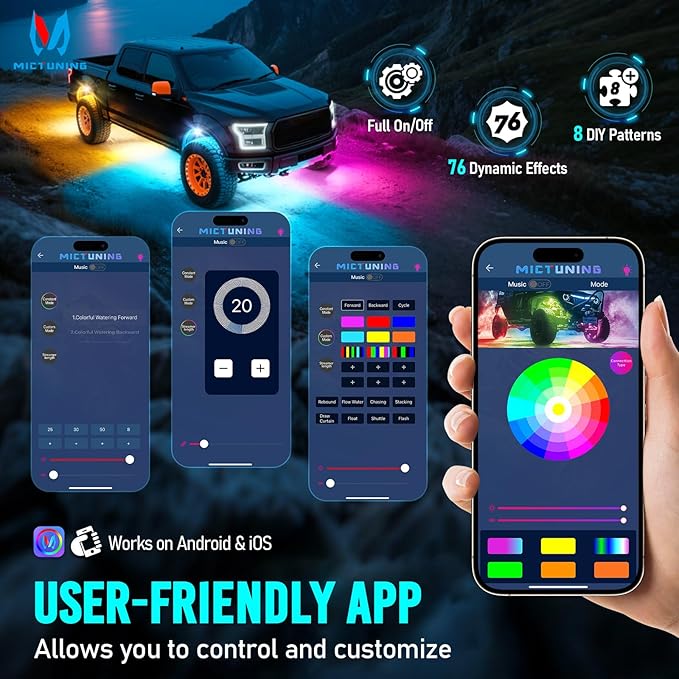 MICTUNING Q1+ MAX 8 Pods Ultra-Bright RGB Rock Lights, Multi-Color Chasing Underglow Lighting, Extensible to 24 Pods, APP Music Sync & DIY Effects, IP68 Waterproof