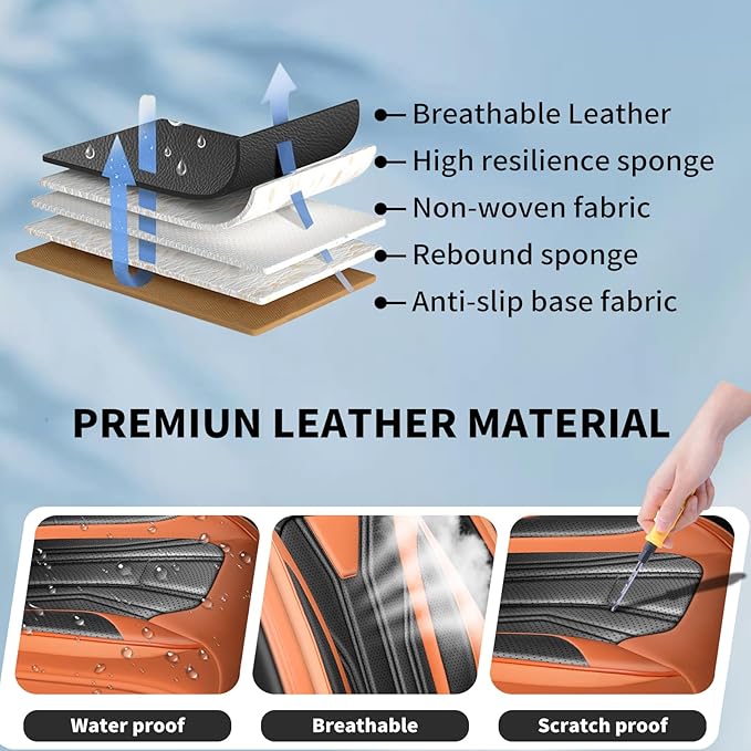 Fit Leaf Car Seat Covers Compatible with Nissan Leaf 2012-2025 2026 - Full Set Premium Leather， Waterproof Breathable， All-Weather Seat Cushion Protecto&Airbag Compatible （Orange&Black