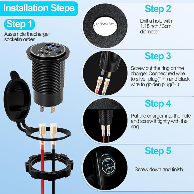 12v usb charger, PD 20W USB-C Power Socket and 18W QC3.0 Socket Waterproof Power Outlet 12V/24V with Power Switch 12V USB C Outlet for Car Golf Cart Boat Marine Bus Truck RV Marine Motorcycle etc.