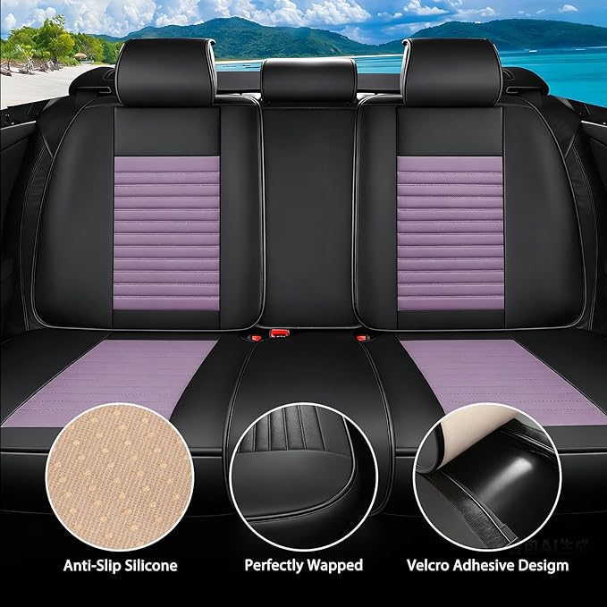 Truck Seat Covers Full Set Fit for Toyota Tacoma 2001-2026, Premium Faux Leather Car Seat Protector,Breathable Anti-Slip Full Wrapping Edge Seat Covers(Black&Purple,Full Set)