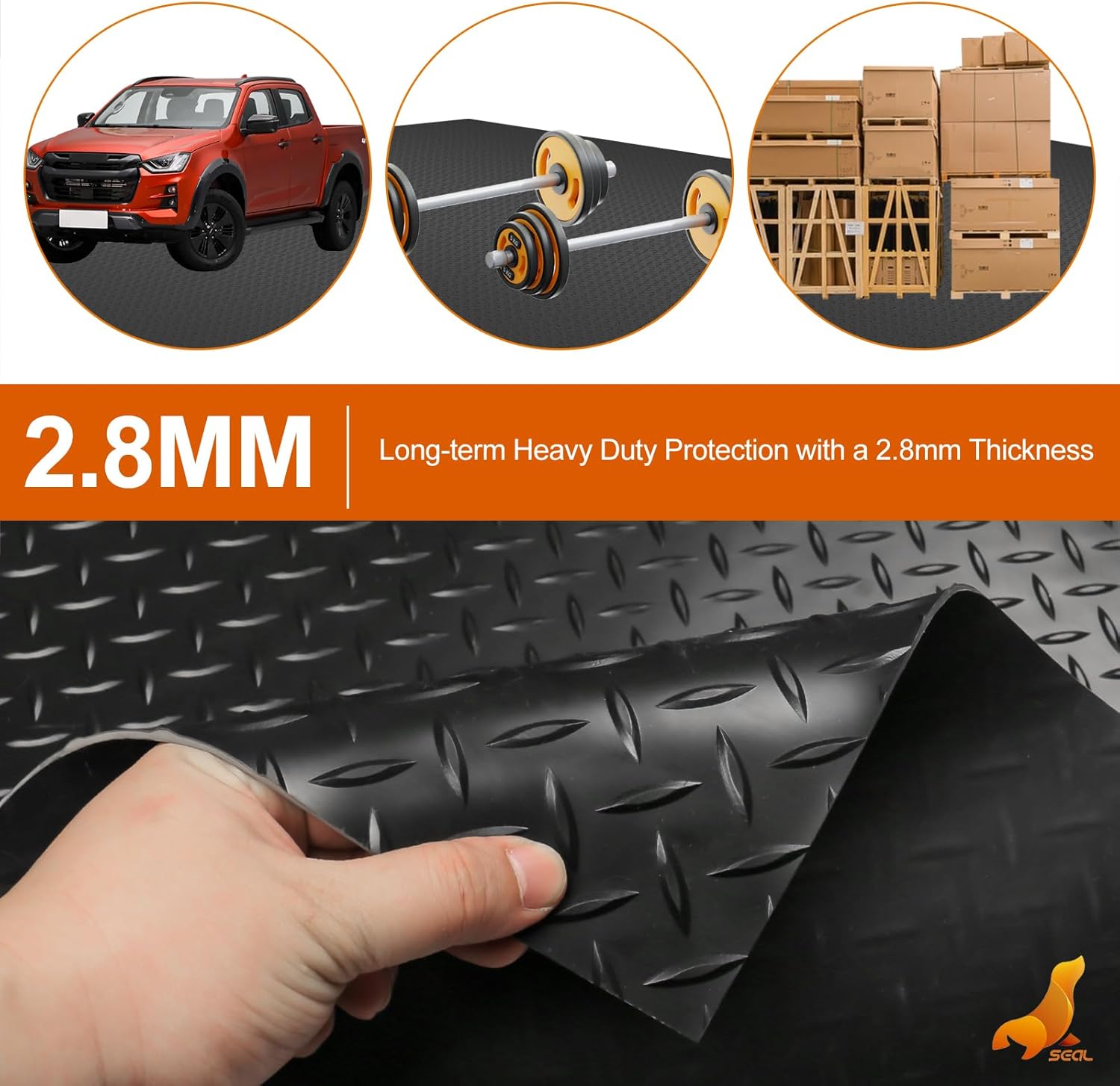 SEAL 5 x 10 Ft Premium Garage Floor Mat, Solid 2.8mm Thickened Black Commercial Grade Heavy Duty Parking Mat for Garage Floor, Golf Cart, Water/Stain Resistant Floor Runner (Embossed Diamond Plate)