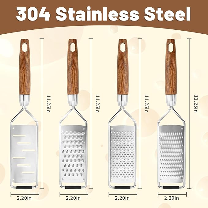 SHIKORI Stainless Steel Cheese Grater with Natural Wood Handle for Parmesan Cheese Lemon, Ginger, Cheese, Nutmeg, Potato, Chocolate and Garlic, With Protective Cover-Grinder