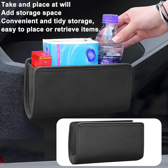 Car Seat Side Storage Pocket, Leather Hanging Foldable Multifunctional Vehicle Front Door Back Organizer Box, Waterproof Auto Interior Organizing Container, Universal fit(Black)