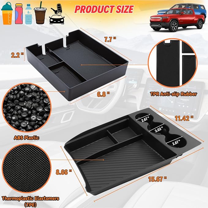 Lower Center Console Organizer Tray with Cup Holder/Armrest Organizer Storage Box Compatible with 2026 2025 2024 2023 2022 Rivian R1s R1t Interior Insert Accessories, Black - 2 Pack