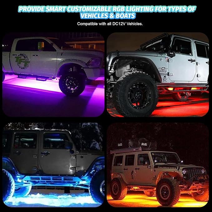 4 Pods RGB LED Rock Lights for ATV UTV Golf Cart Truck RZR Offroad SUV, Waterproof Multicolor Underglow Kit for Cars with APP Music Mode, Vehicle Accent Underbody Light Underneath 12V