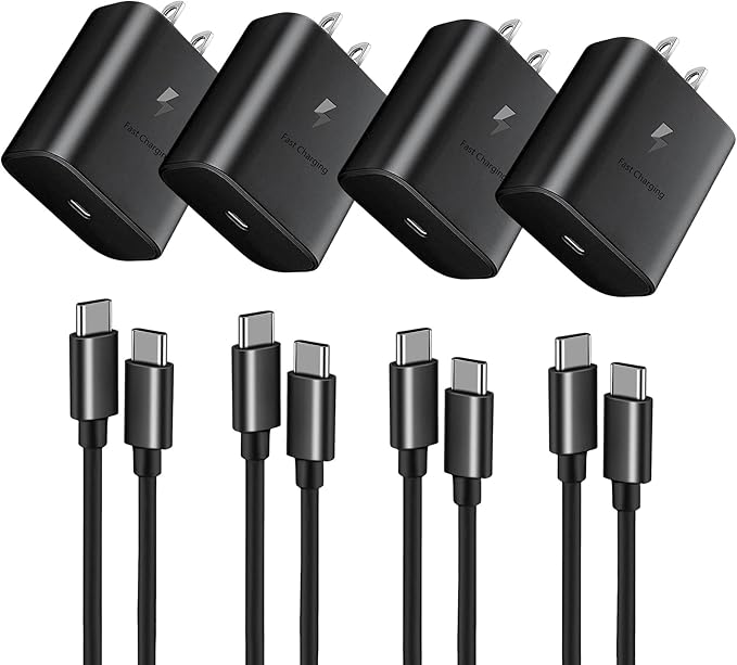 45W Fast Charger, USB C Port Adapter, Wall-Mounted Cube Charging Block.Type-c Mobile Phone Charger with C to C Cable is Suitable for Samsung S25/S24/S23/S22/S21, Galaxy, and More. (Black, 4-pack-45w)