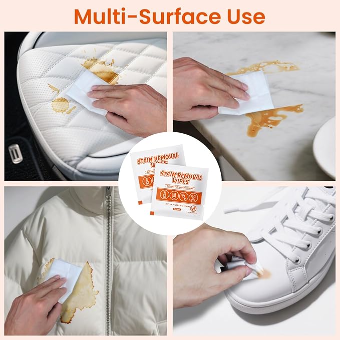 Stain Remover Wet Wipes Bulk, Individual Wrapped Clothes Portable Travel Messy Eater Cleaning Laundry Stain Removal Wipes Pocket Size for Clothing Fabric/Wine/Fast Food 7.1 x 4.7 Inch (White 100)
