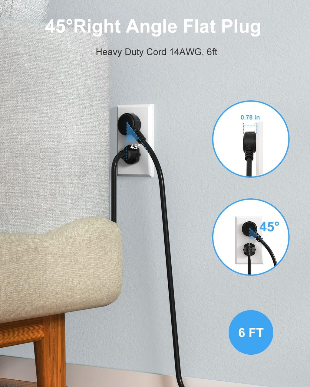 Black Appliance Extension Cord with Individual Switches on Off - 6 FT, 14 Gauge Heavy Duty Extension Cord with 5 AC Outlets, Wall Mountable, High Wattage for Microwave Workbench Garage Must Have, ETL
