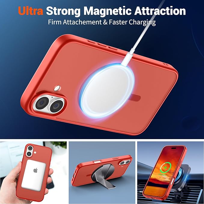 SUPFINE Magnetic for iPhone 16 Case (Compatible with MagSafe) (Military Grade Drop Protection) Slim Translucent Matte Shockproof Phone Cover,Red