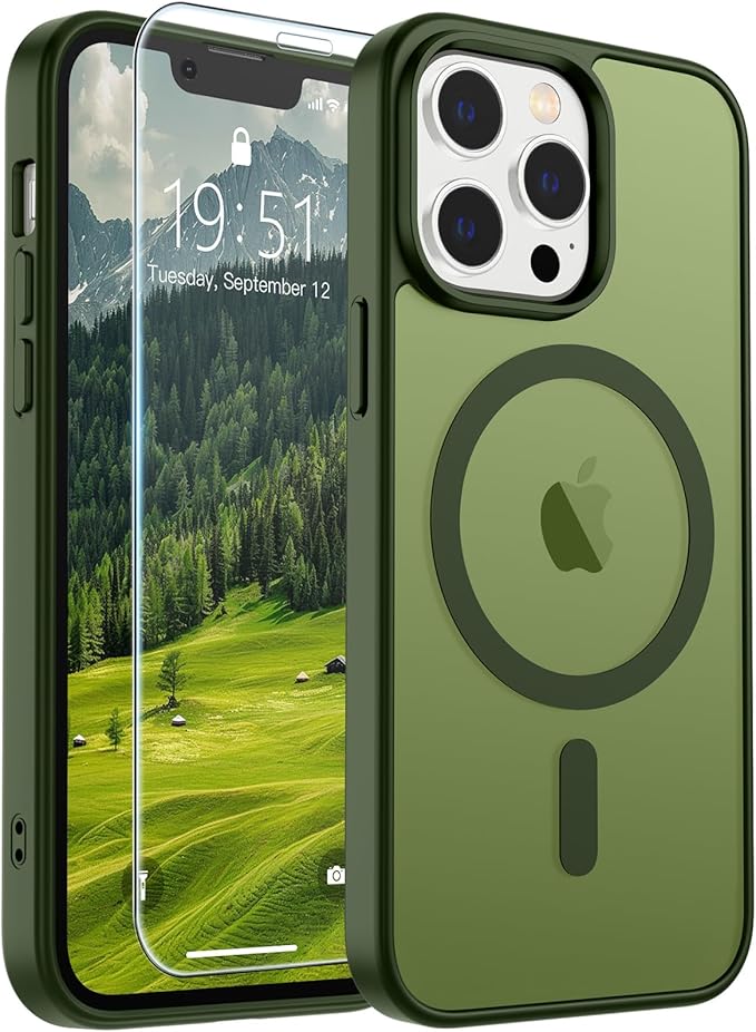 SUPFINE Magnetic for iPhone 12 Pro Max Case(Compatible with MagSafe)(Military Grade Drop Protection) Slim Translucent Matte Shockproof with Anti-Fingerprint Phone Case,Cangling Green