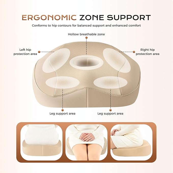 Coverado Car Seat Cushion and Integrated Neck Pillow Lumbar Support Kit, Ergonomic Lumbar Support Pillow for Car, Soft Leather Memory Foam Car Seat Cushion for Sciatica & Back Pain Relief, Beige
