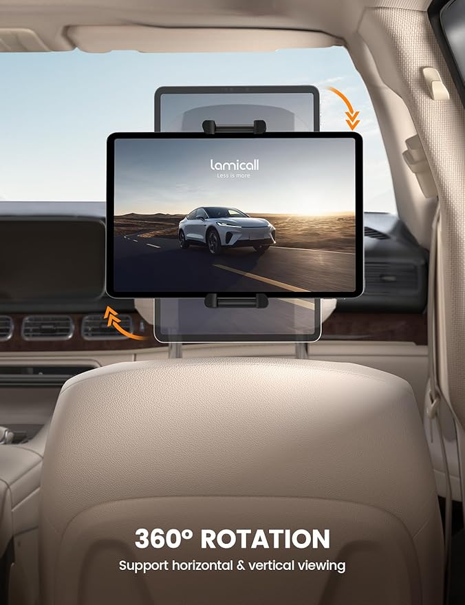 Lamicall Tablet Holder for Car Headrest - [Thick Case Friendly] [360° Rotation] Car Tablet Mount for Backseat, Road Trip Essentials for Kids, for iPad Pro, Air, Mini, Galaxy, Fire HD, 6.1-13" Tablets