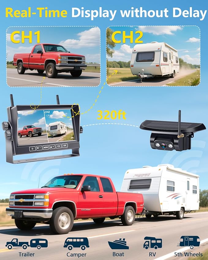 Solar Wireless Backup Camera for Trailer: 24H Long-Lasting, Strong Signal, HD 1080P 2 RV Camera System with 7" Recording Monitor - Magnetic Easy Setup for Camper