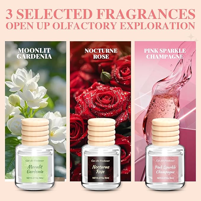 6 Pack Car Air Freshener, Long Lasting Natural Essential Oil Fragrance Diffuser - Pink Sparkle Champagne, Moonlit Gardenia & Nocturne Rose, Hanging Female Perfume Car Accessories Decor Gift