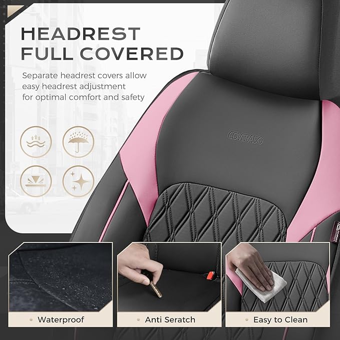 Coverado Seat Covers, Car Seat Covers Full Set, Car Seat Cover, Car Seat Covers Front Seats and Back, Waterproof Car Seat Cushion, Faux Leather Car Seat Protector Universal Fit Most Cars, Black&Pink