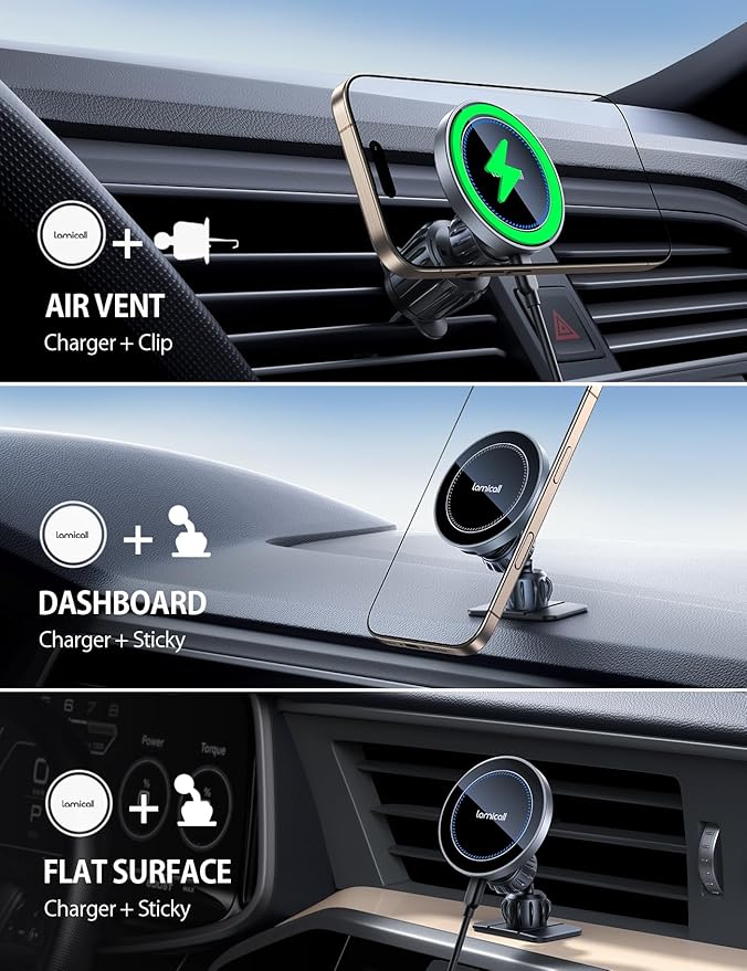 Lamicall 15W for MagSafe Car Mount Charger - [20X Strong Magnets] Wireless Car Phone Holder Charger, Magnetic Phone Holders for Car Vent Dash Accessories for Women Men for iPhone 17 Pro Max Silver
