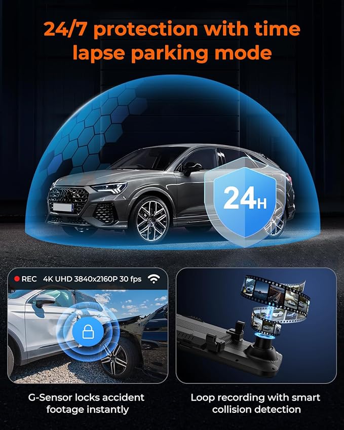 ACUMEN 4K Rear View Mirror Camera,Smart 12" Touch Screen Mirror Dash Cam Front and Rear,Backup Camera for Cars & Trucks with Blind Spot Detection (M4 Quad)