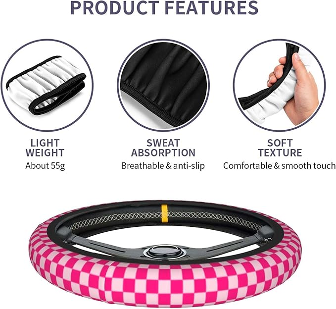 Pink Checkered Steering Wheel Cover Checkered hot Pink Steering Wheel Cover of Wome Anti-Slip Breathable Universal 14-15 Inch Car with 2 Pcs Car Coasters Suitable Men Women