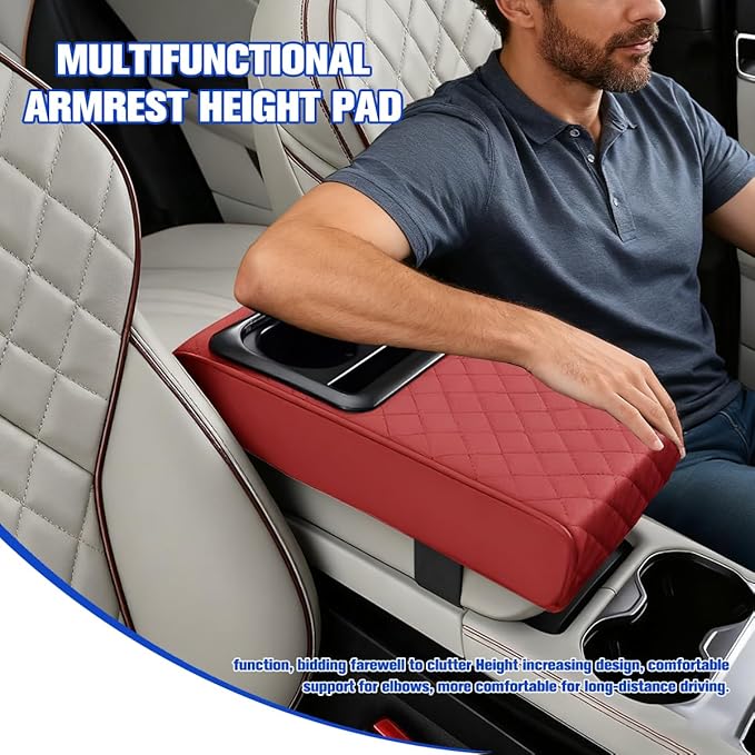 Car Center Console Armrest Pillow, Vehicle Armrest Seat Box Cushion Pad with Cup Holder & Phone Holder, Comfortable Auto Middle Console Cover, Universal for SUV RV Truck (Diamond, Wine Red)