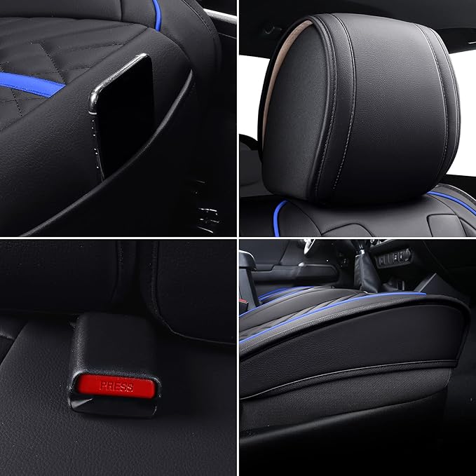 Tomatoman Tacoma Car Seat Covers Compatible with Toyota Tacoma 2005-2023 2024 2025 2026 Truck Access Double Crew Cab TRD Pro Trail Edition Off-Road Waterproof Leather Cushions(2PCS Front/Black-Blue)
